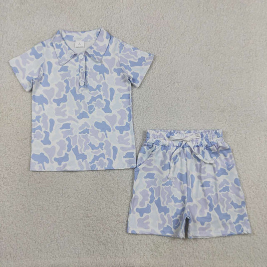 Light Blue Camo Polo Top Pockets Shorts Boys Summer Clothes Set
