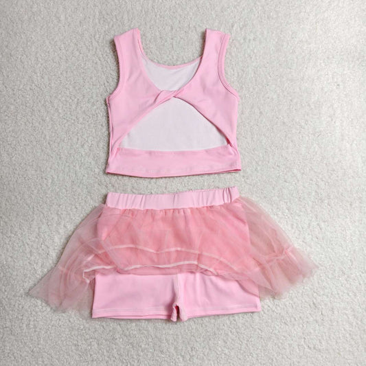 GSD3806 Baby Girls Pink Tank Backless Top Tulle Skirt Shorts Yoga Active Clothes Set