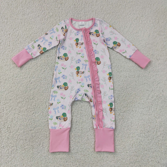 LR3071 Duck Bows Flowers Baby Girls Fall Zipper Sleeper Romper