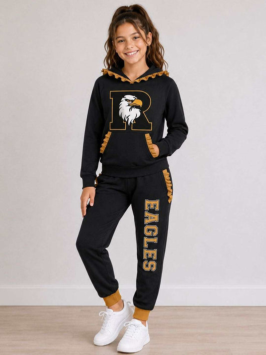 (Custom Design Preorder MOQ 5) Teams Rogers Eagles Black Gold Ruffles Hoodie Top Pockets Joggers Pants Woman Yoga Clothes Set
