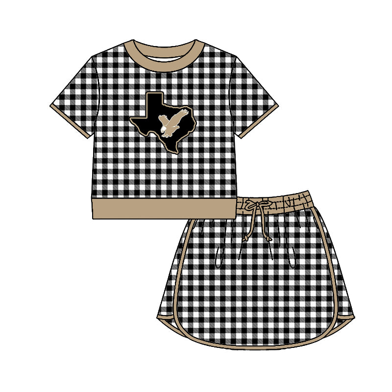 (Custom Design Preorder MOQ 5) Teams Rogers eagles Top Black Checkerd Skort Girls Summer Yoga Clothes Set