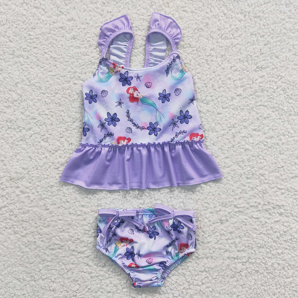 S0037 Baby Girls Cartoon Princess Mermaid Purple 2 Pieces Ruffle Swimsuits