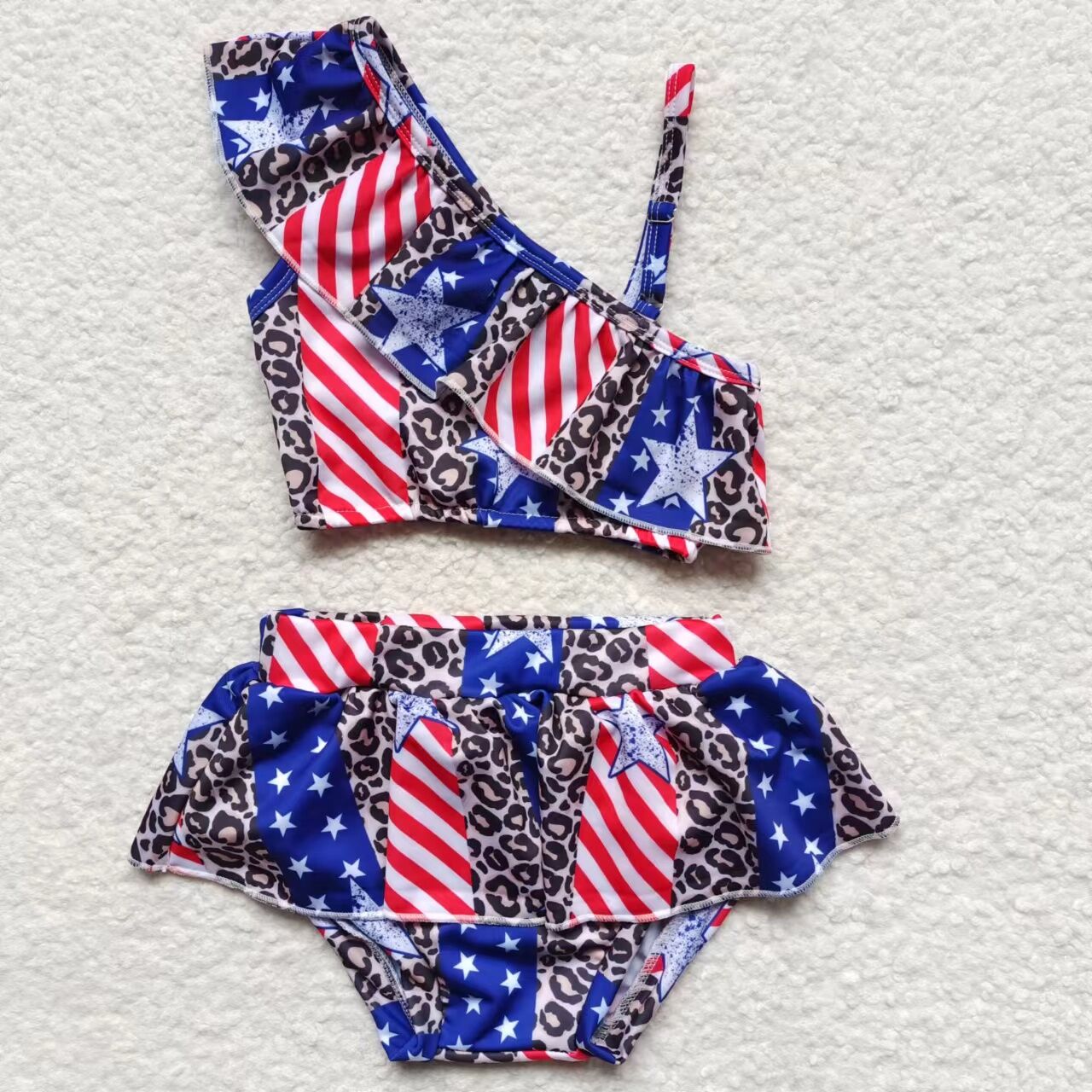 S0094 Stars Stripes Leopard Ruffle 2 Pieces Girls 4th of July Swimsuits