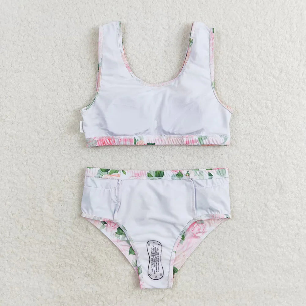 Baby Girls Summer Pink Flowers Top Ruffle Bottom Swimsuits