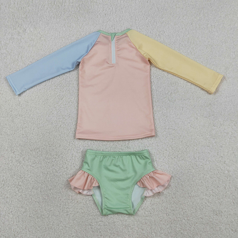 S0637 Patchwork Yellow, Pink & Blue Long Sleeve Zipper Top & Ruffle Shorts Set - Girlsā 2 Pieces Swimsuits