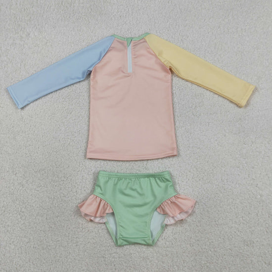 Sibling Baby Kids Patchwork Long Sleeve Back Zip Top Bummies Short Swimsuits