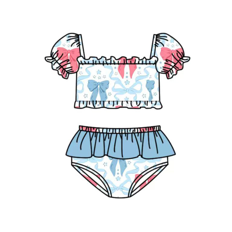 3.11 S0741 Preorder Blue Red Bows Print Ruffle Girls 4th of July 2 Pieces Puff Sleeves Swimsuits
