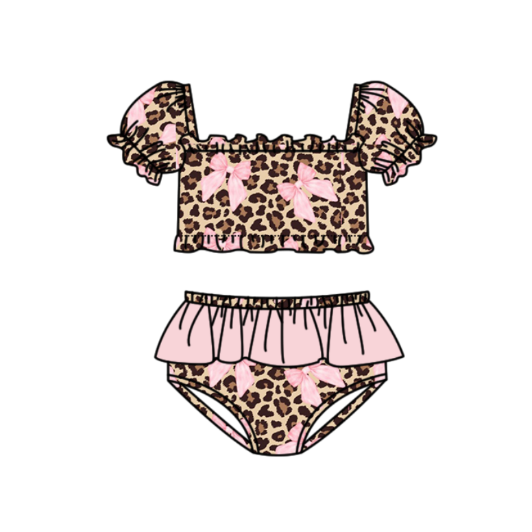 3.11 S0743 Preorder Leopard Bows Print Ruffle Girls 2 Pieces Puff Sleeves Swimsuits
