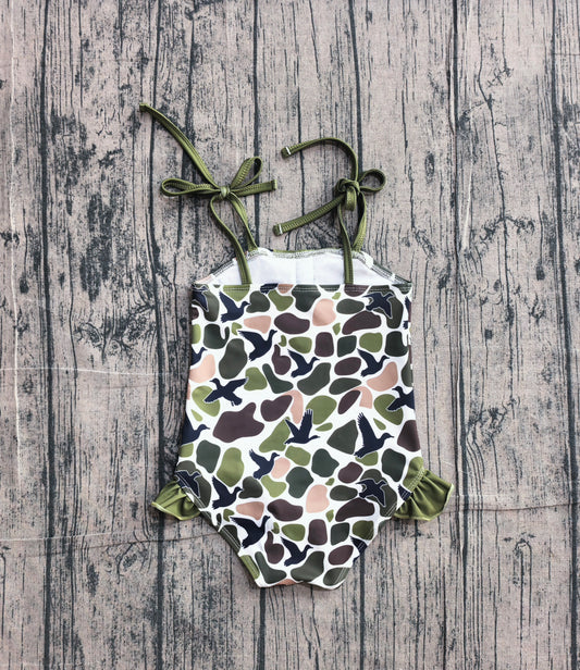 Duck Green Camo Print Ruffle Girls 1 Piece Strap Swimsuits Preorder