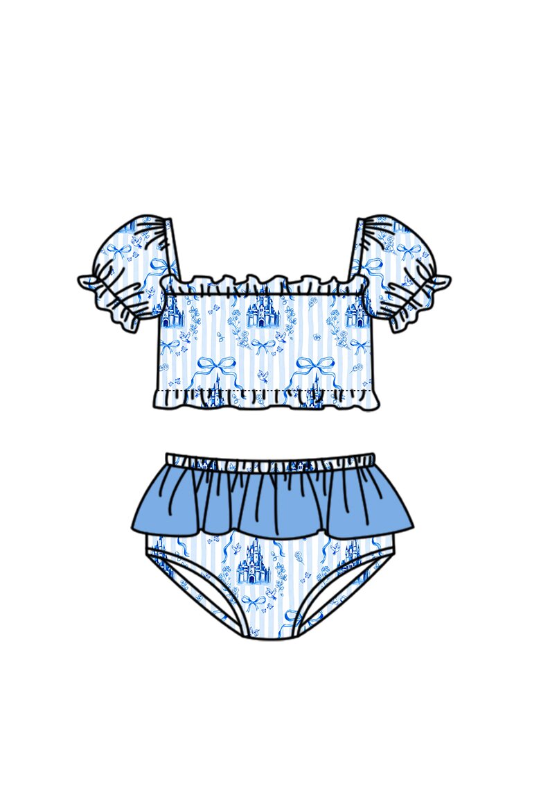 3.14 S0758 Preorder Castle Bows Stripes Print Ruffle Girls 2 Pieces Puff Sleeves Swimsuits