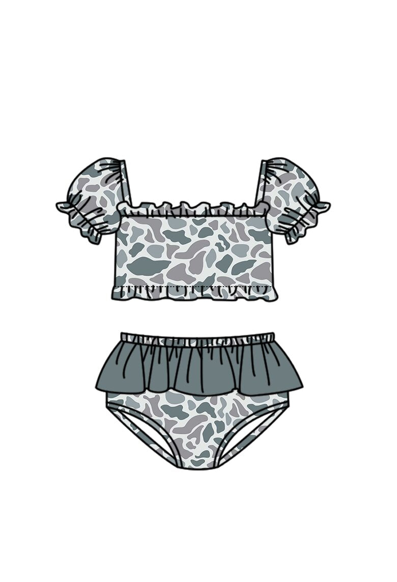 3.14 S0759 Preorder Grey Camo Print Ruffle Girls 2 Pieces Puff Sleeves Swimsuits