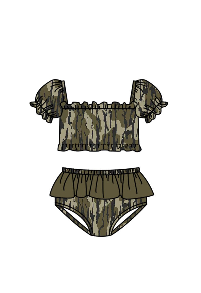 3.14 S0760 Preorder Camo Print Ruffle Girls 2 Pieces Puff Sleeves Swimsuits