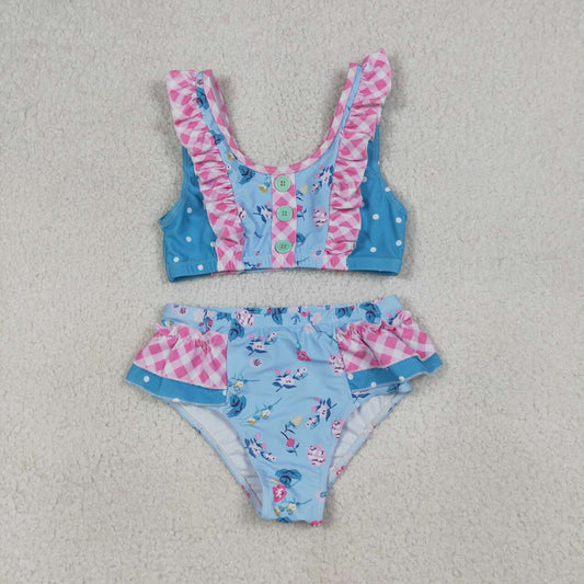 S0777 Baby Girls Summer Flowers Ruffle Top Bummie 2pcs Swimsuits
