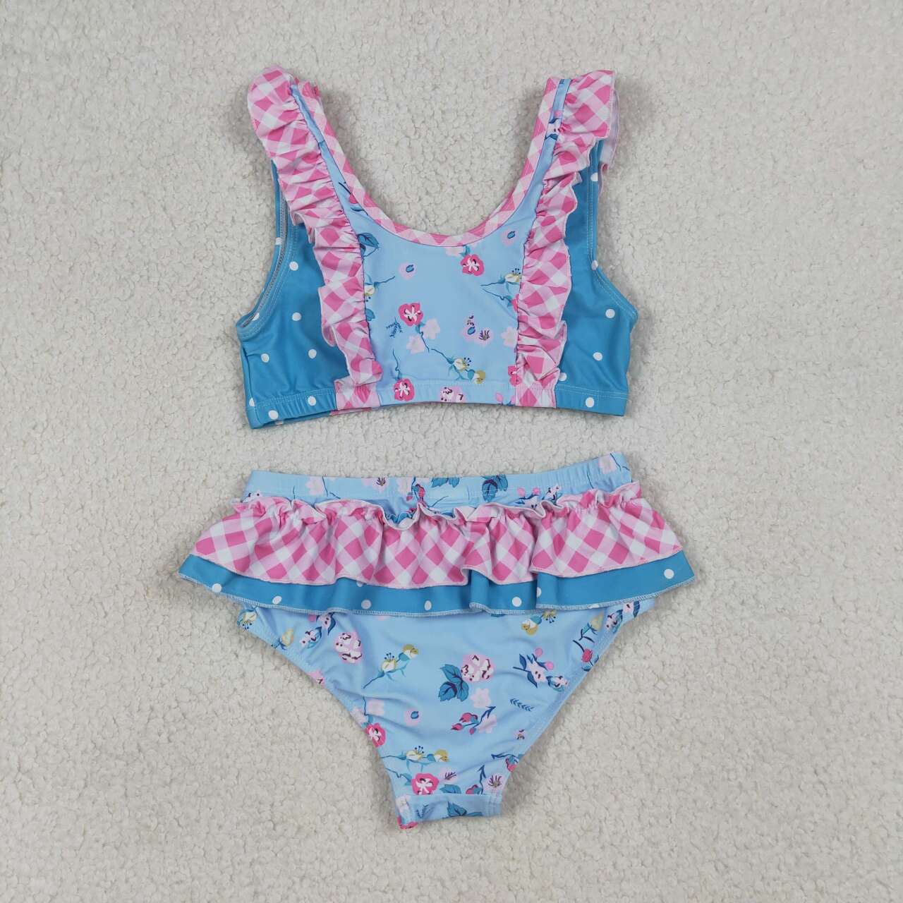 S0777 Baby Girls Summer Flowers Ruffle Top Bummie 2pcs Swimsuits