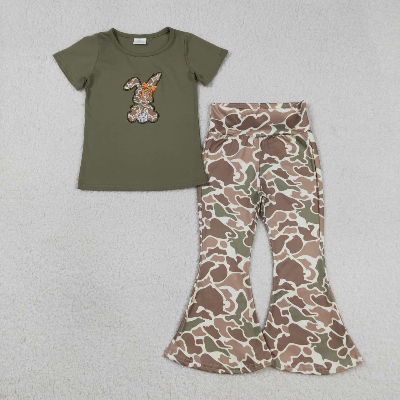 GSPO2110 Bunny Embroidery Green Top Camo Bell Pants Baby Girls Easter Clothes Set