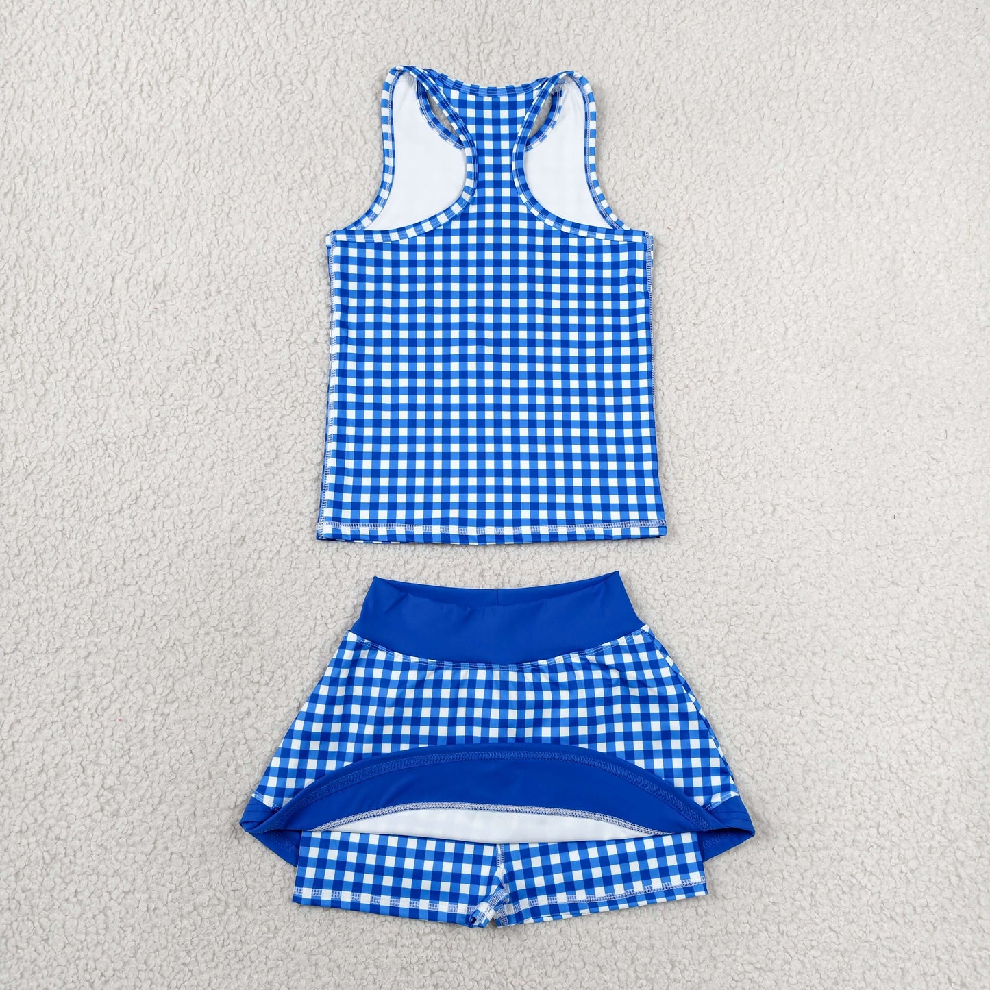 GSD3652 Toddler Girls Blue Plaid 2-Piece Set | Sleeveless Vest Top & Skort Active Outfits