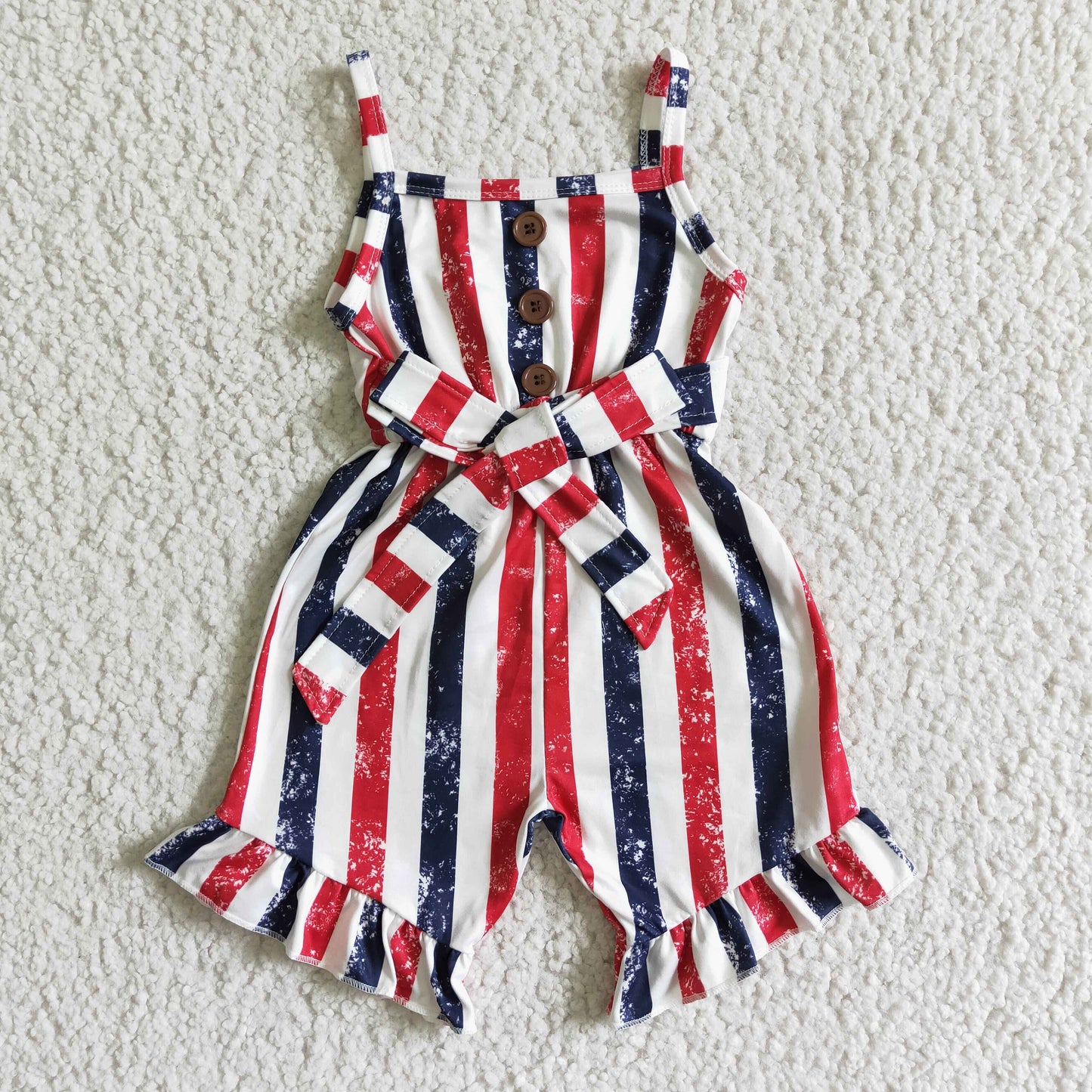 (Promotion)SR0032 Red Navy Stripes Print Baby Girls 4th of July Strap Jumpsuits