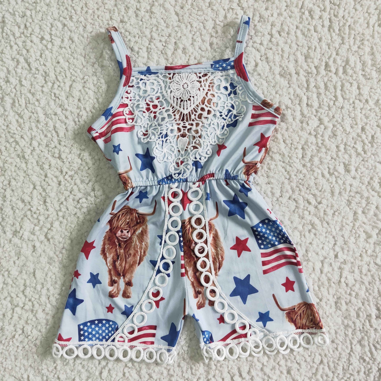 (Promotion)SR0053 Highland Cow Stars Flag Print Baby Girls 4th of July Strap Jumpsuits
