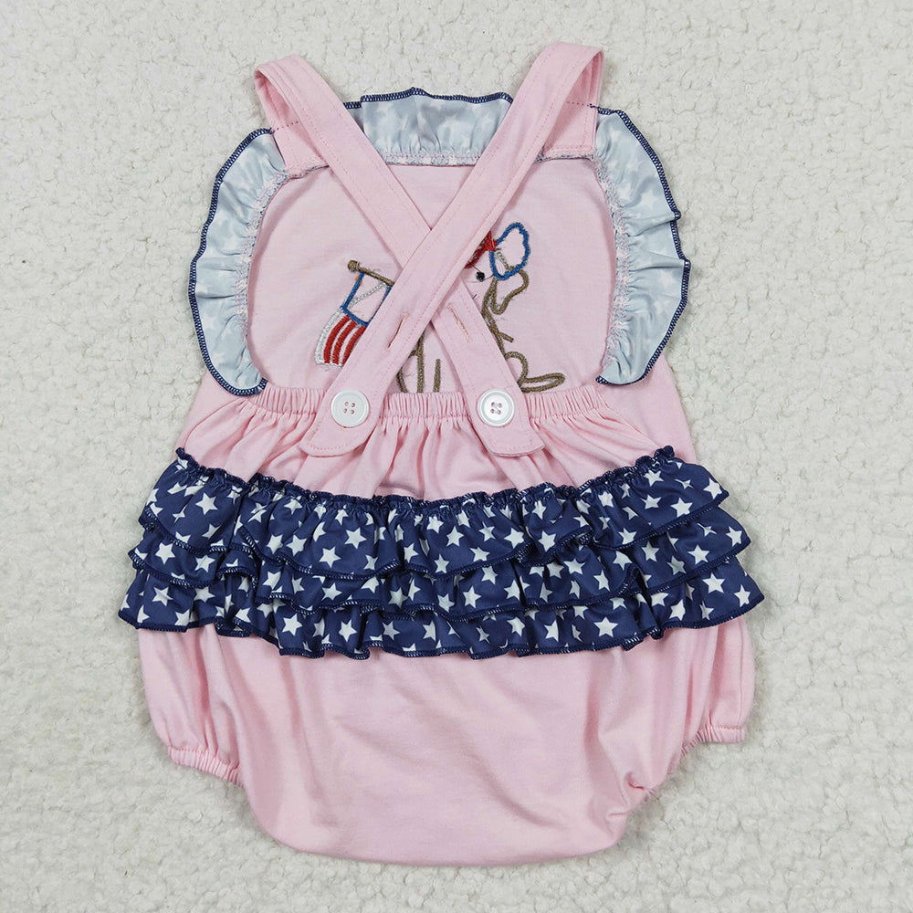SR0332 Puppy Flag Embroidery Baby Girls 4th of July Strap Backless Romper