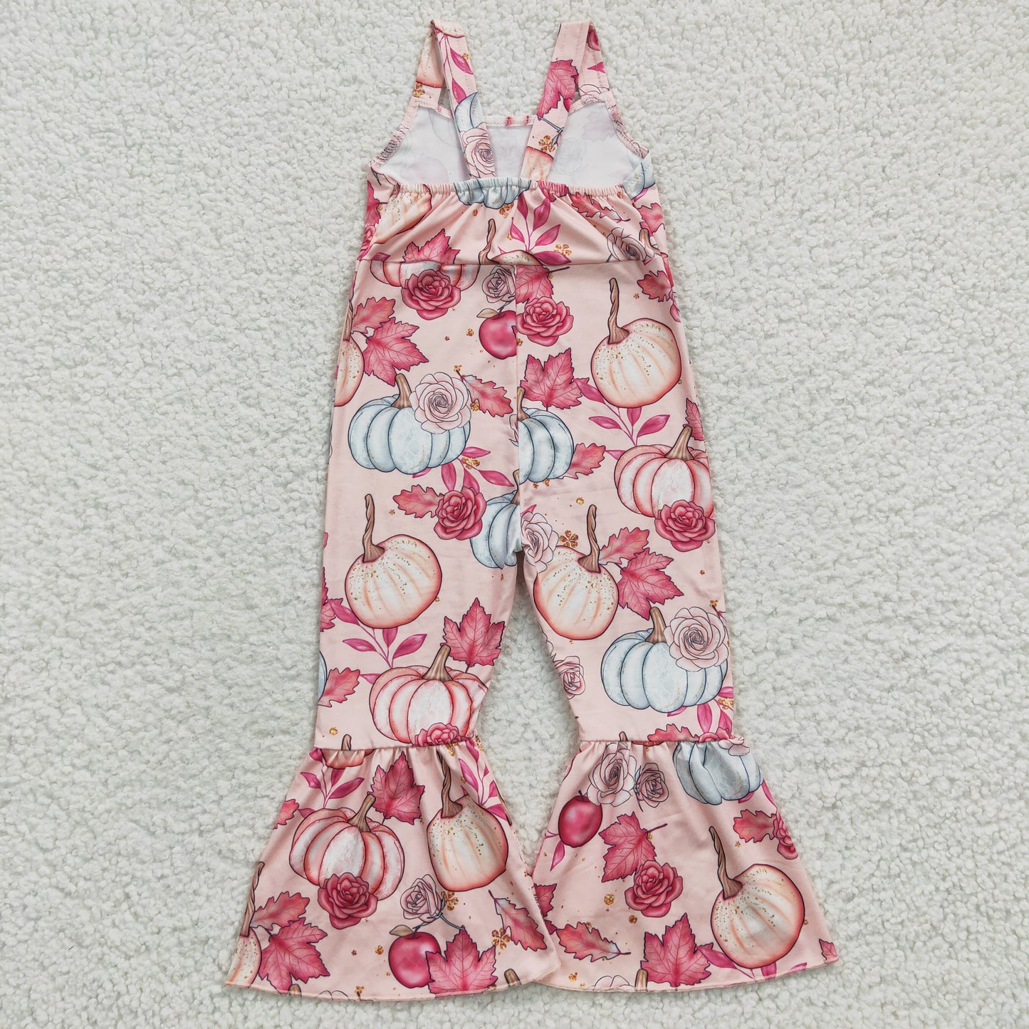 SR0375 Pumpkin Flowers Print Girls Fall Strap Jumpsuits