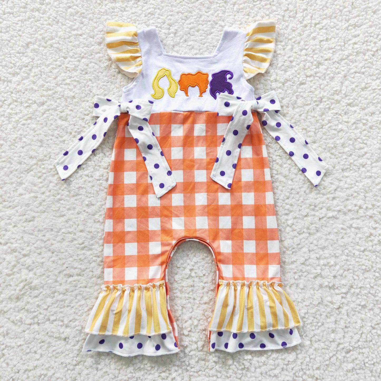 SR0383 Witch Embroidery Orange Checkered Baby Girls Halloween Romper