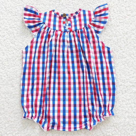 SR0388 Flag Embroidery Plaid Print Baby Girls 4th of July Smocked Romper