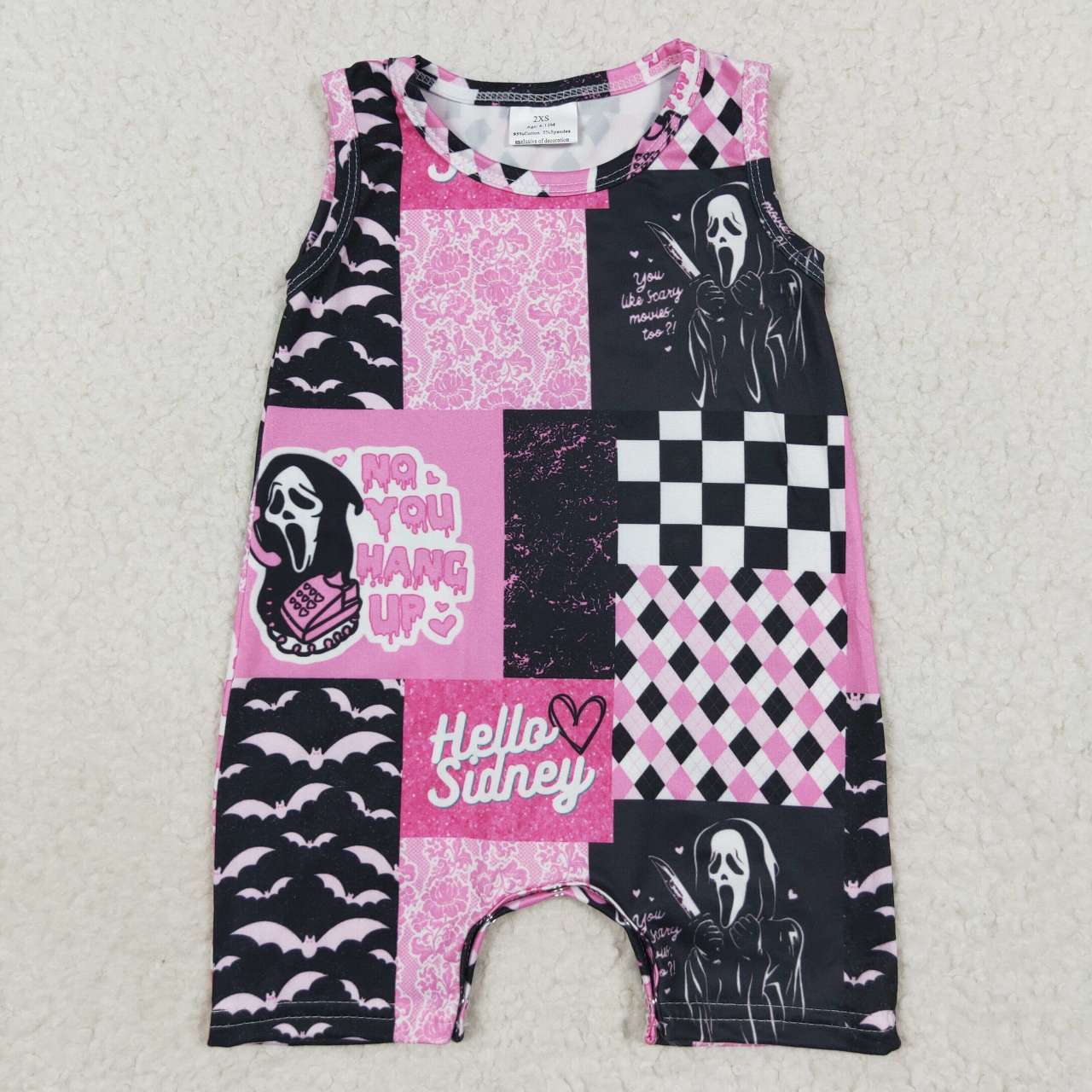 SR0414 NO YOU HANG UP Checkered Print Baby Girls Halloween Romper