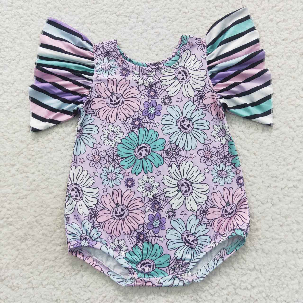 SR0431 Pumpkin Smiling Flowers Print Baby Girls Halloween Romper
