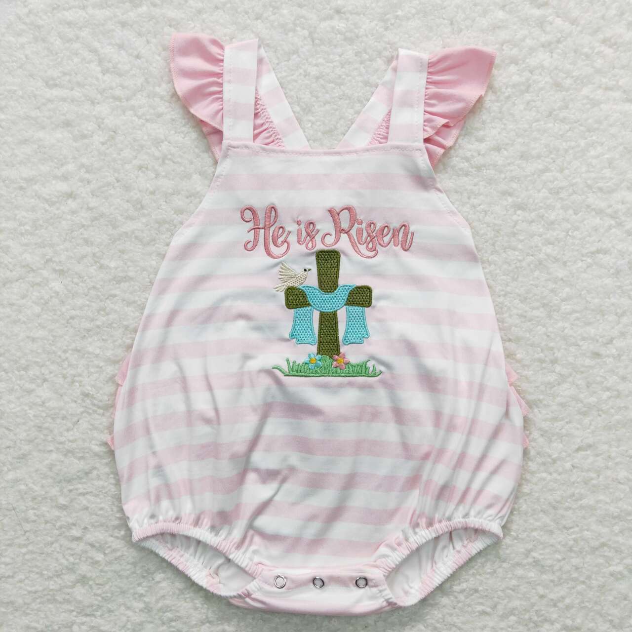 SR0564 He is Risen Cross Embroidery Stripes Print Ruffles Baby Girls Strap Romper