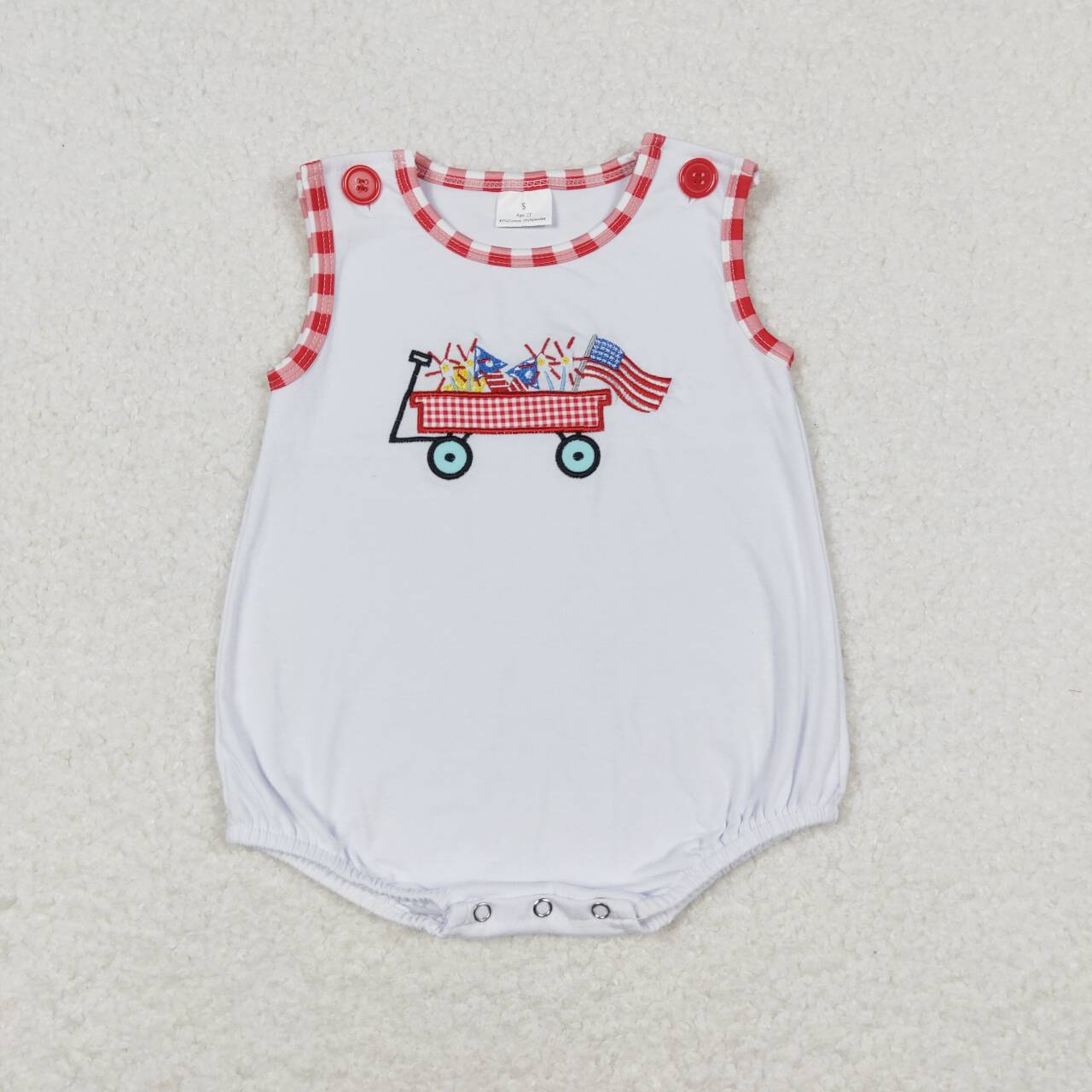 SR1078 Flag Tractor Embroidery White Baby Boys 4th of July Sleeveless Romper