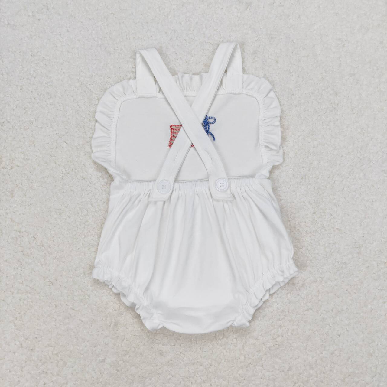 SR1548 Flag Embroidery White Baby Girls 4th of July Backless Romper