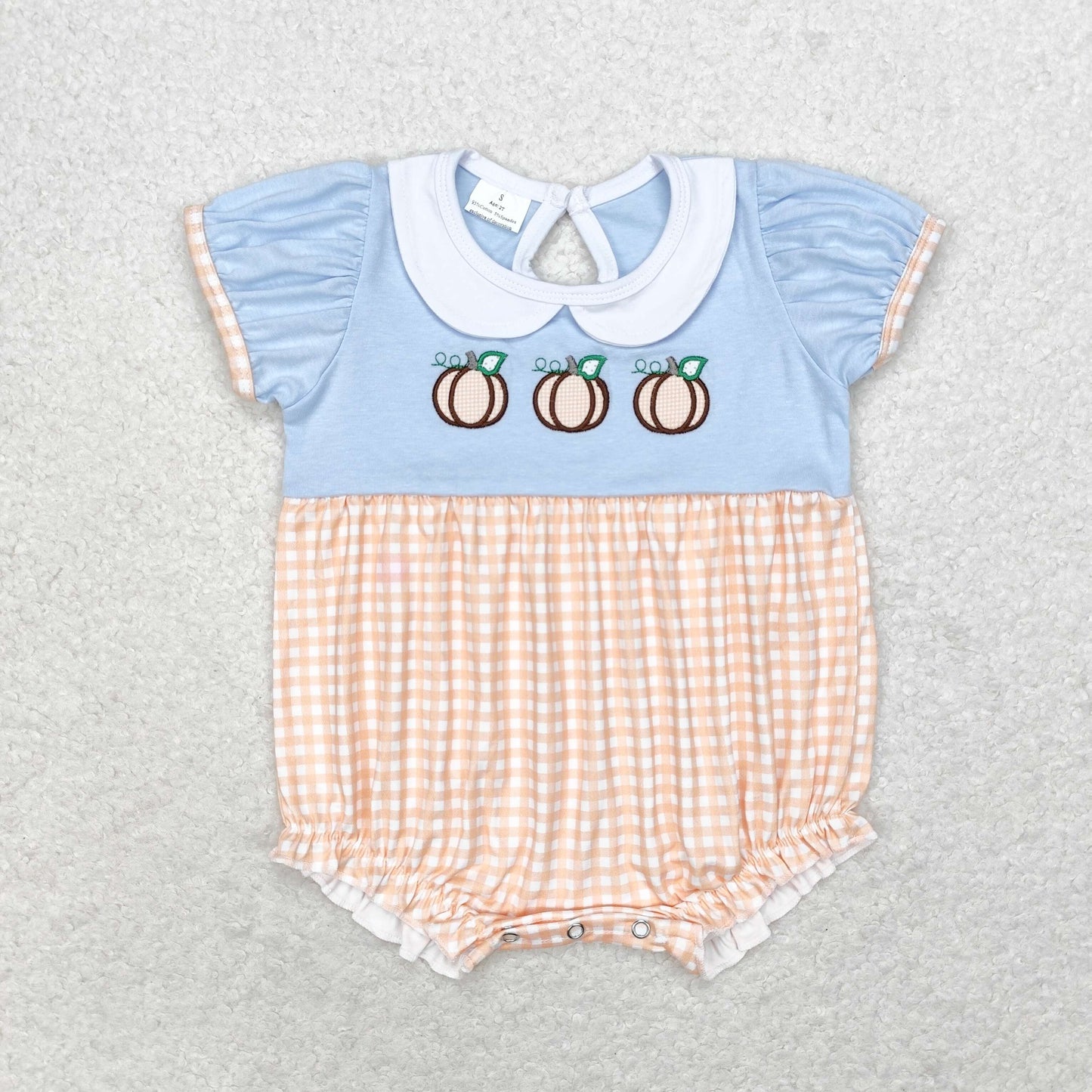 SR1710 Pumpkin Embroidery Checkered Baby Girls Fall Doll Collar Romper