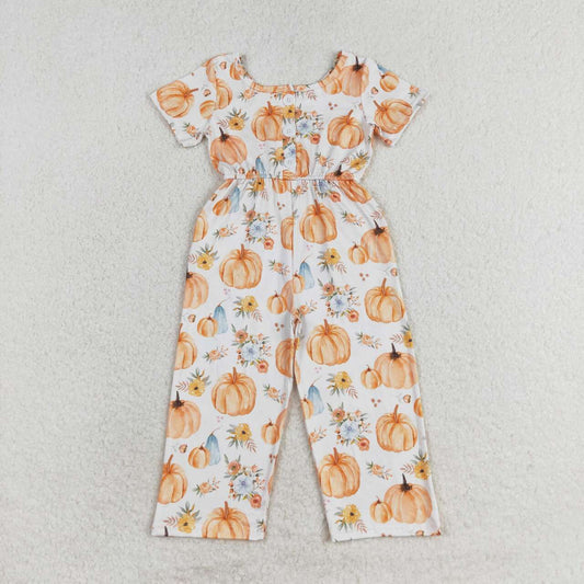 SR1880 Pumpkin Flowers Print Pockets Girls Fall Jumpsuits