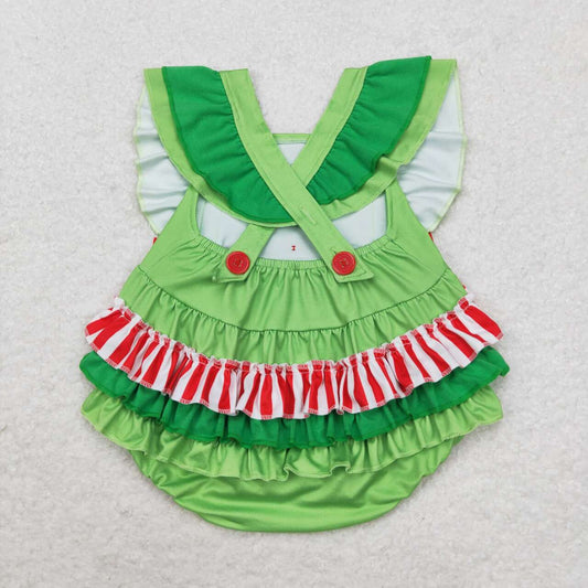 SR1912 Heart Print Baby Girls Christmas Green Ruffles Bubble Romper