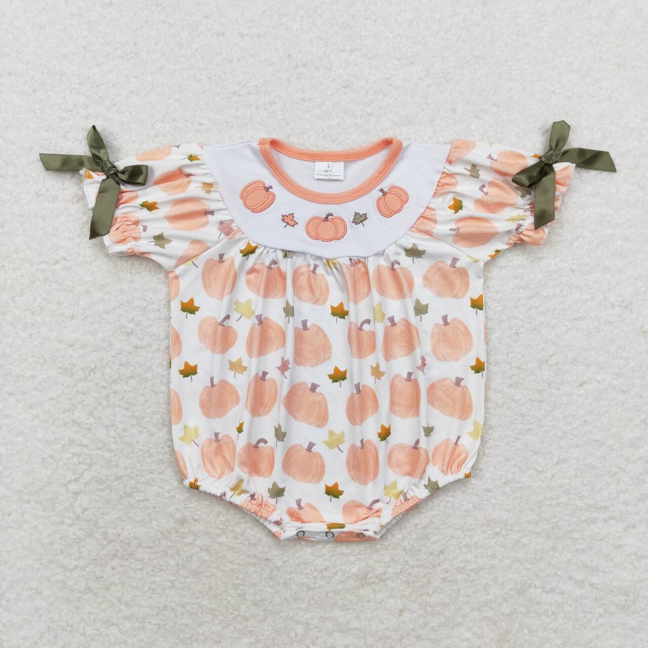 SR1917 Pumpkin Leaf Embroidery Baby Girls Fall Romper