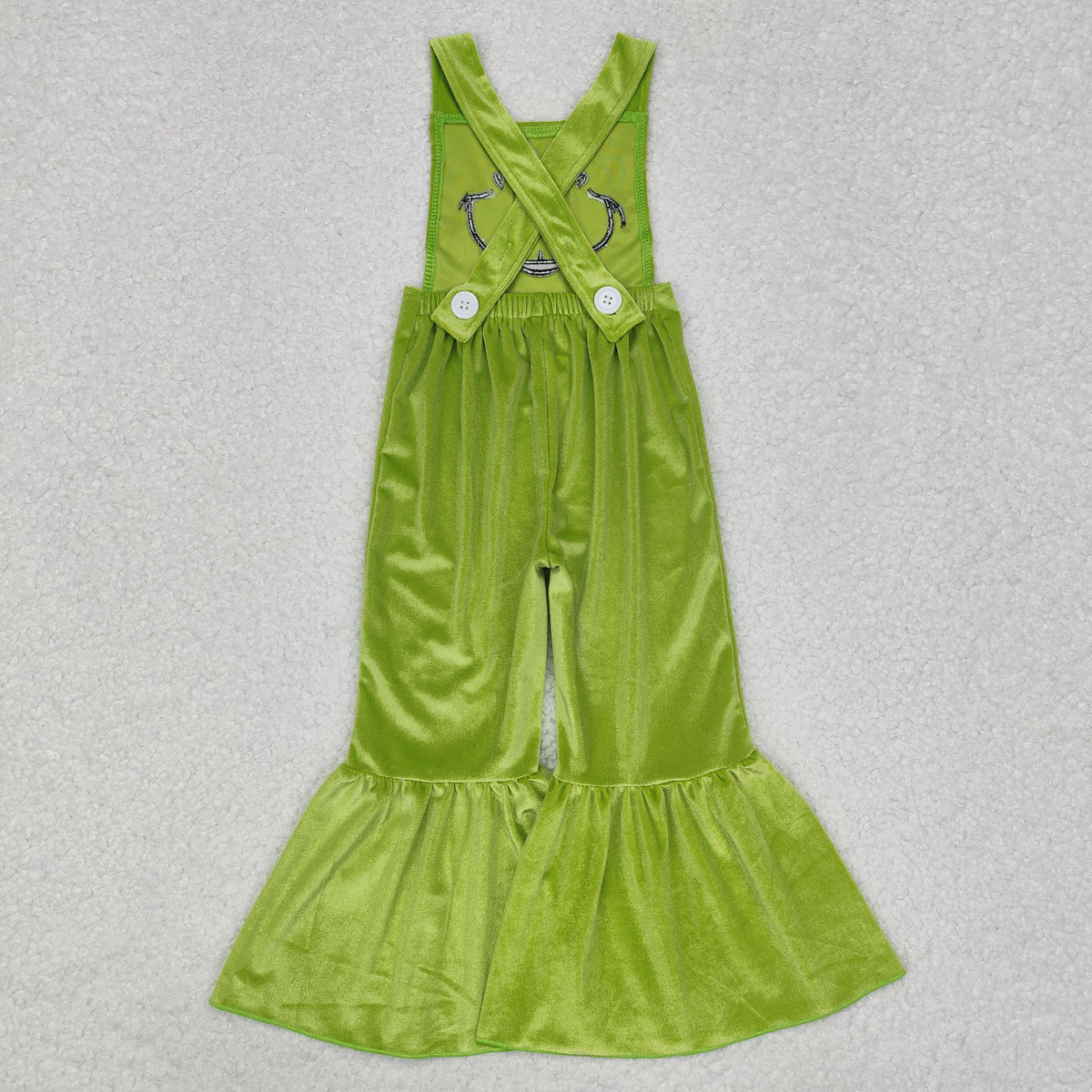 SR2013 Green Frog Smiling Embroidery Lime Velvet Baby Girls Christmas Strap Overall Jumpsuits