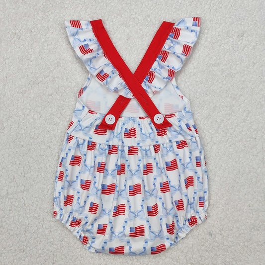 SR2331 Flag Bows Pockets Baby Girls 4th of July Strap Romper