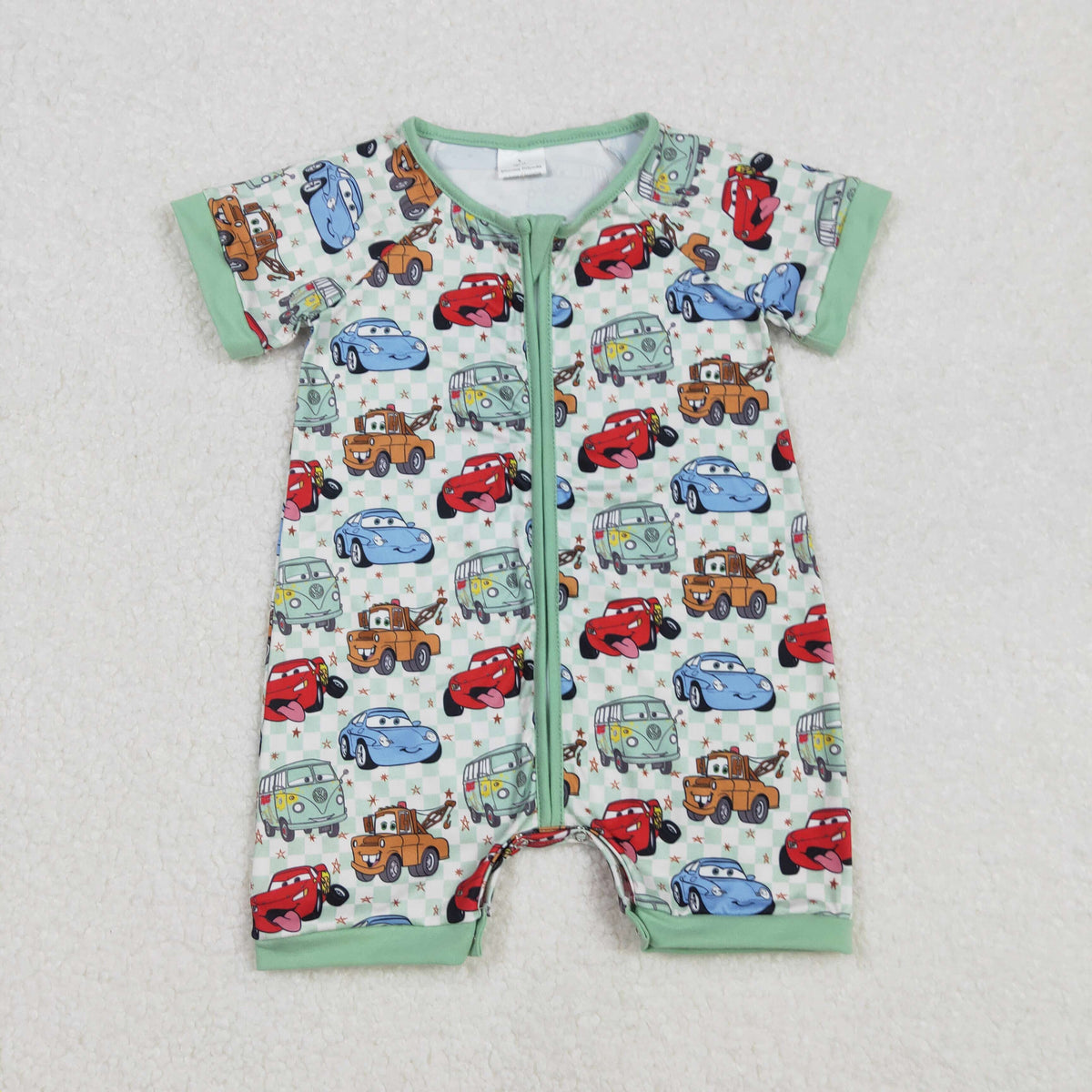 SR2373 Cartoon Cars Print Baby Shorts Zipper Sleeper Romper