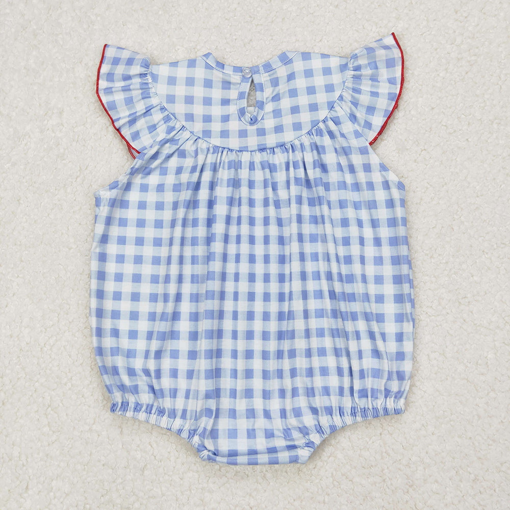 SR2571 Flag Embroidery Blue Plaid Baby Girls 4th of July Smocked Romper