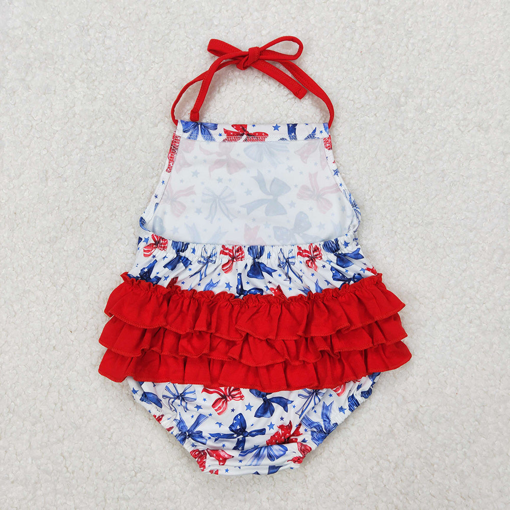 SR2591 Stars Bows Baby Girls 4th of July Halter Ruffles Bubble Romper