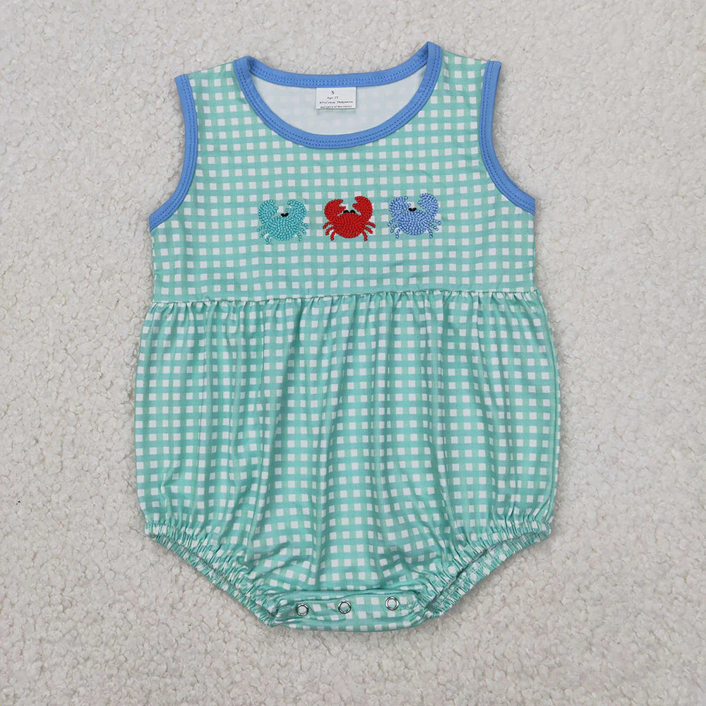 Sibling Embroidery Baby Girls Crabs Bows Rompers Outfits Sets