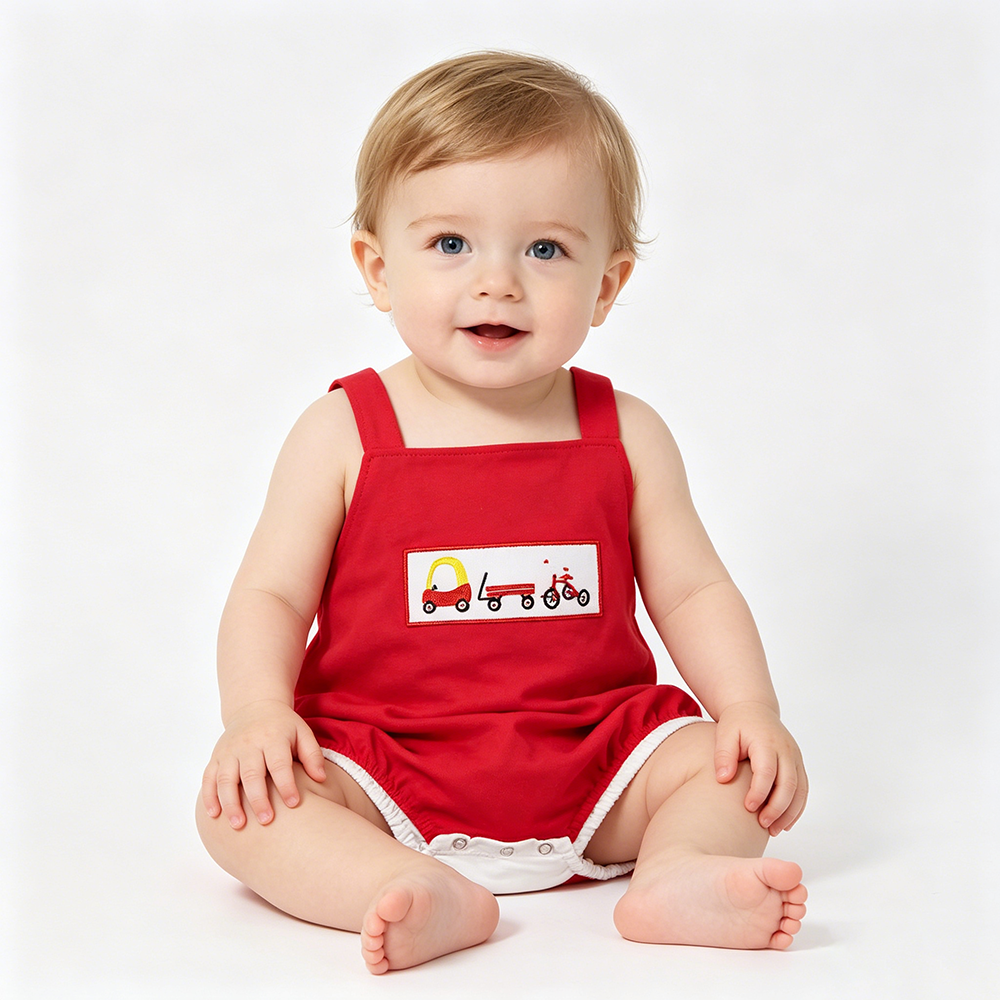 SR2849 Baby Bicycle Embroidery Baby Boys Strap Bubble Romper