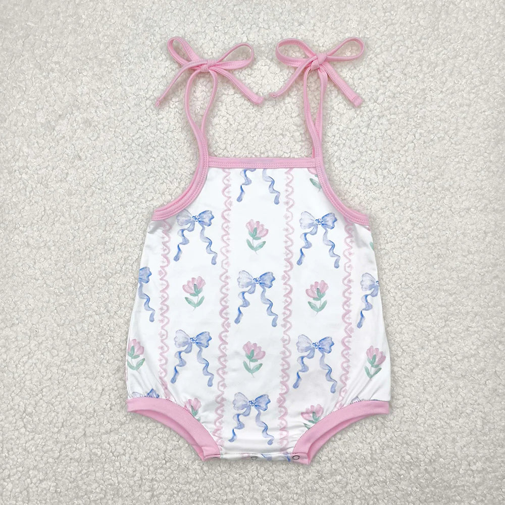 Baby Infant Girls Blue Bows Flowers Straps Rompers