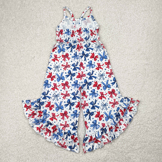 SR2865 Stars Bows Print Baby Girls 4th of July Strap Jumpsuits