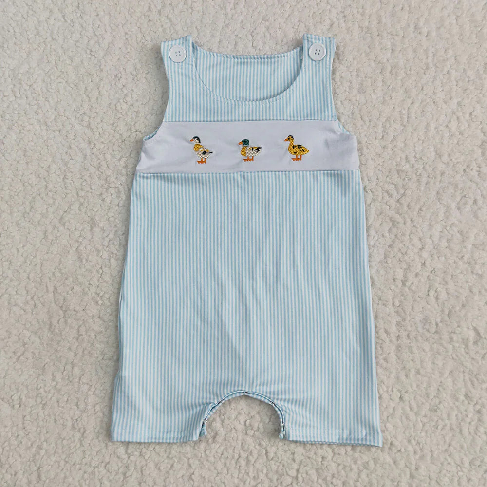 Smocked Ducks Baby Boys Blue Stripe Sleeveless Button Rompers
