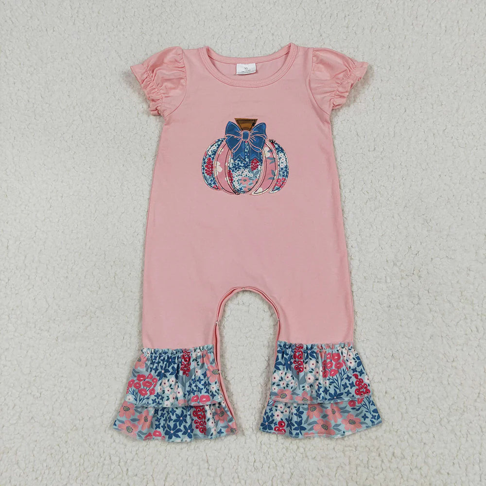 Sibling Embroidery Baby Girls Pink Floral Pumpkin Rompers Dresses Outfits