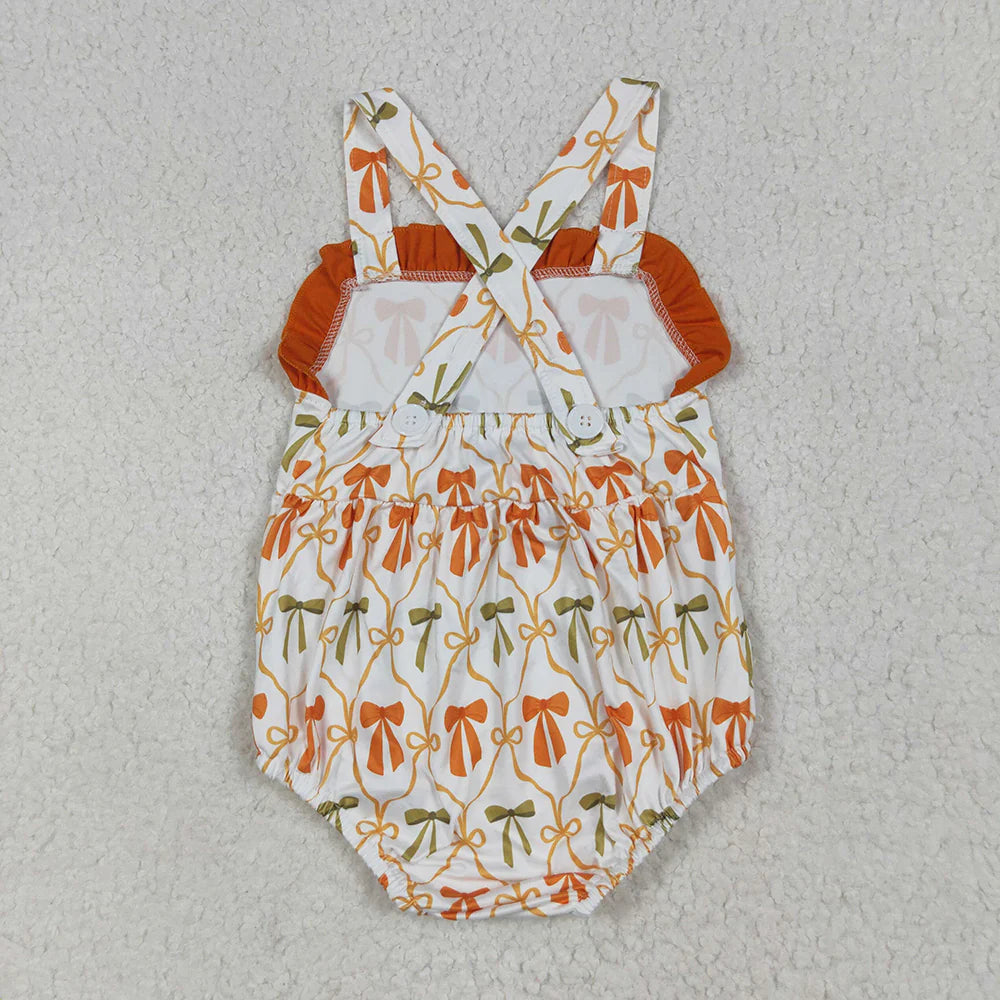 Baby Girls Strap Orange Bows Plaid Ruffle Rompers