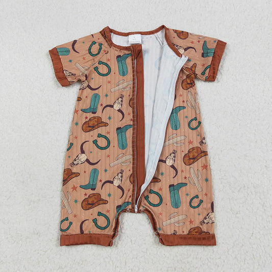 Baby Girls Short Sleeves Brown Boots Hats Western Bull Zipper Rompers