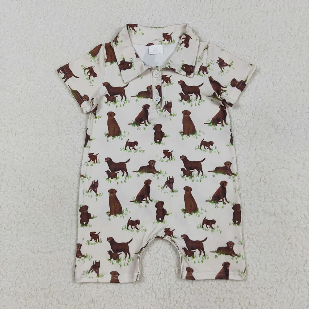 Baby Boys Short Sleeves Button Dogs Plaid Shorts Rompers