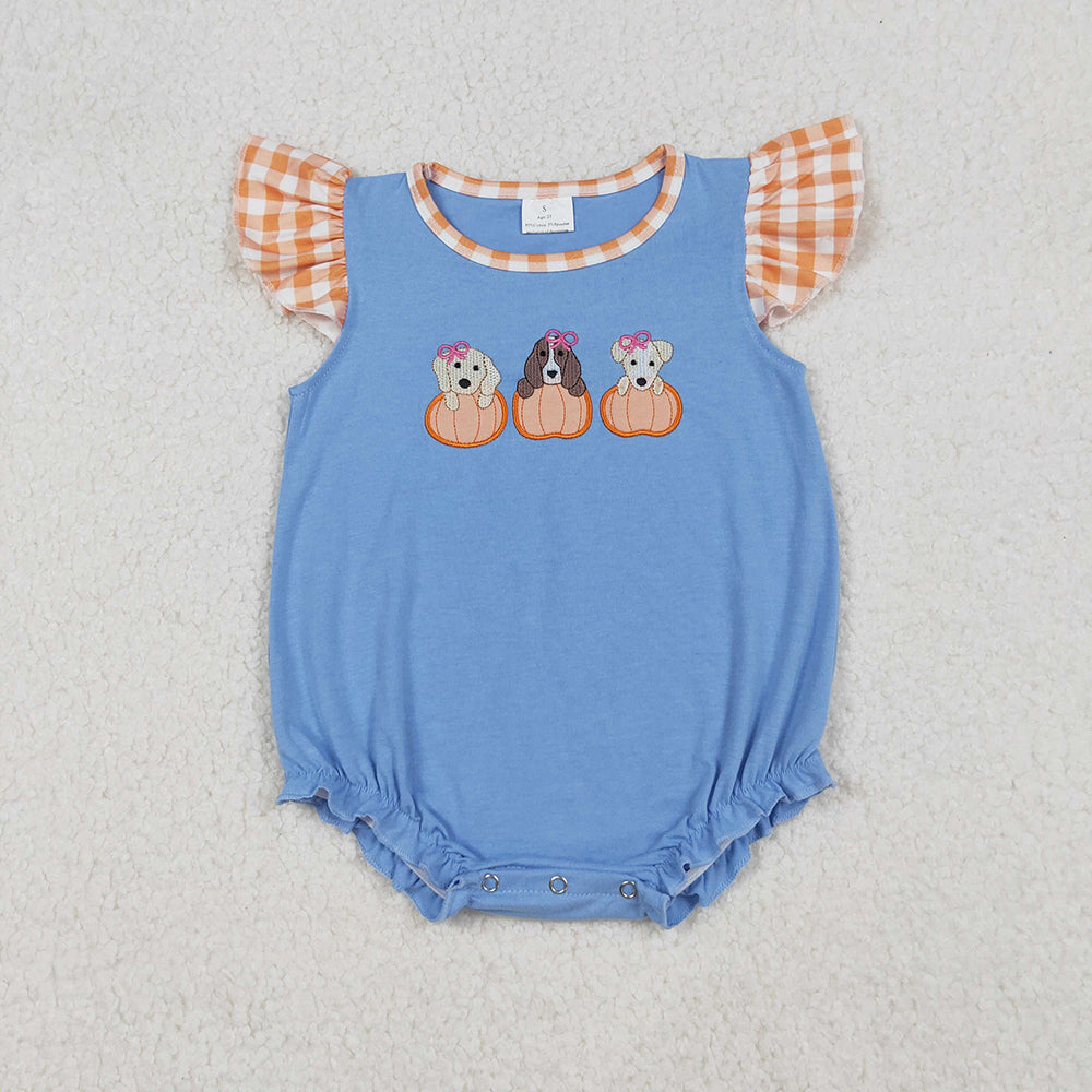 SR3191 Dog Pumpkin Embroidery Blue Baby Girls Romper